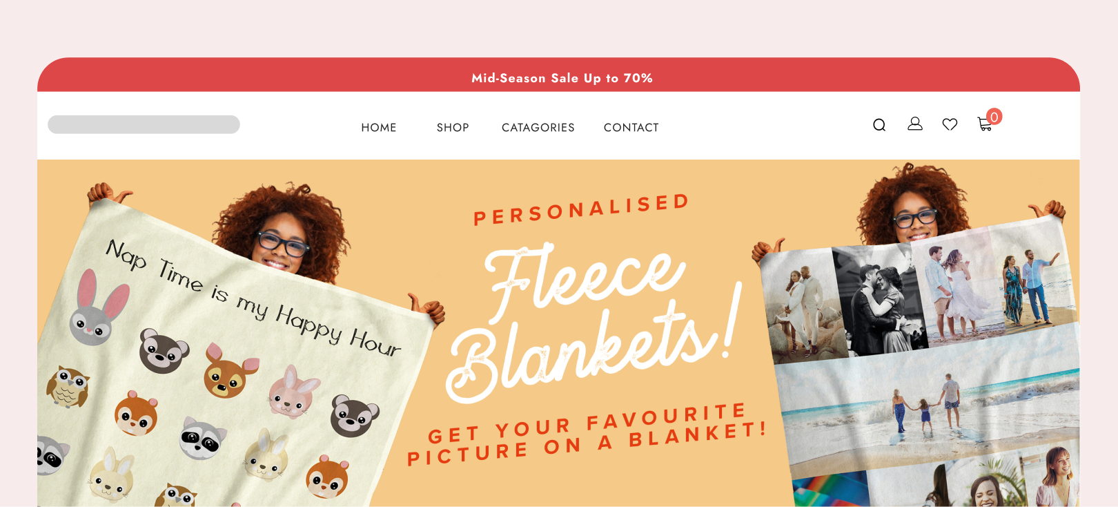 website mockup with promo banner of personalised fleece blanket